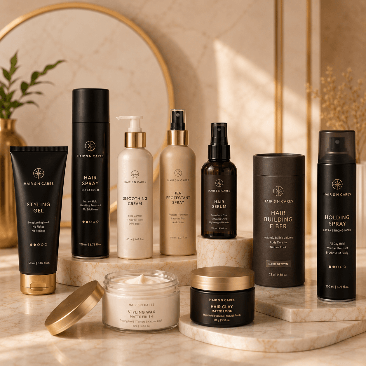 Hair styling products — before and after salon-finish transformation