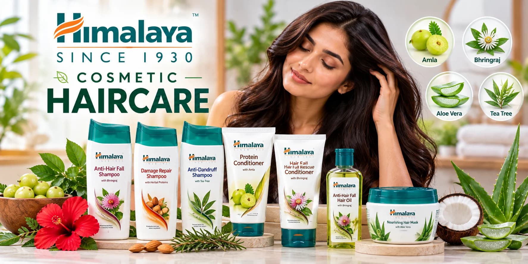 Himalaya cosmetic haircare products featuring labelled shampoos, conditioners, hair oil and hair mask with amla, bhringraj, aloe vera and other botanical ingredients.