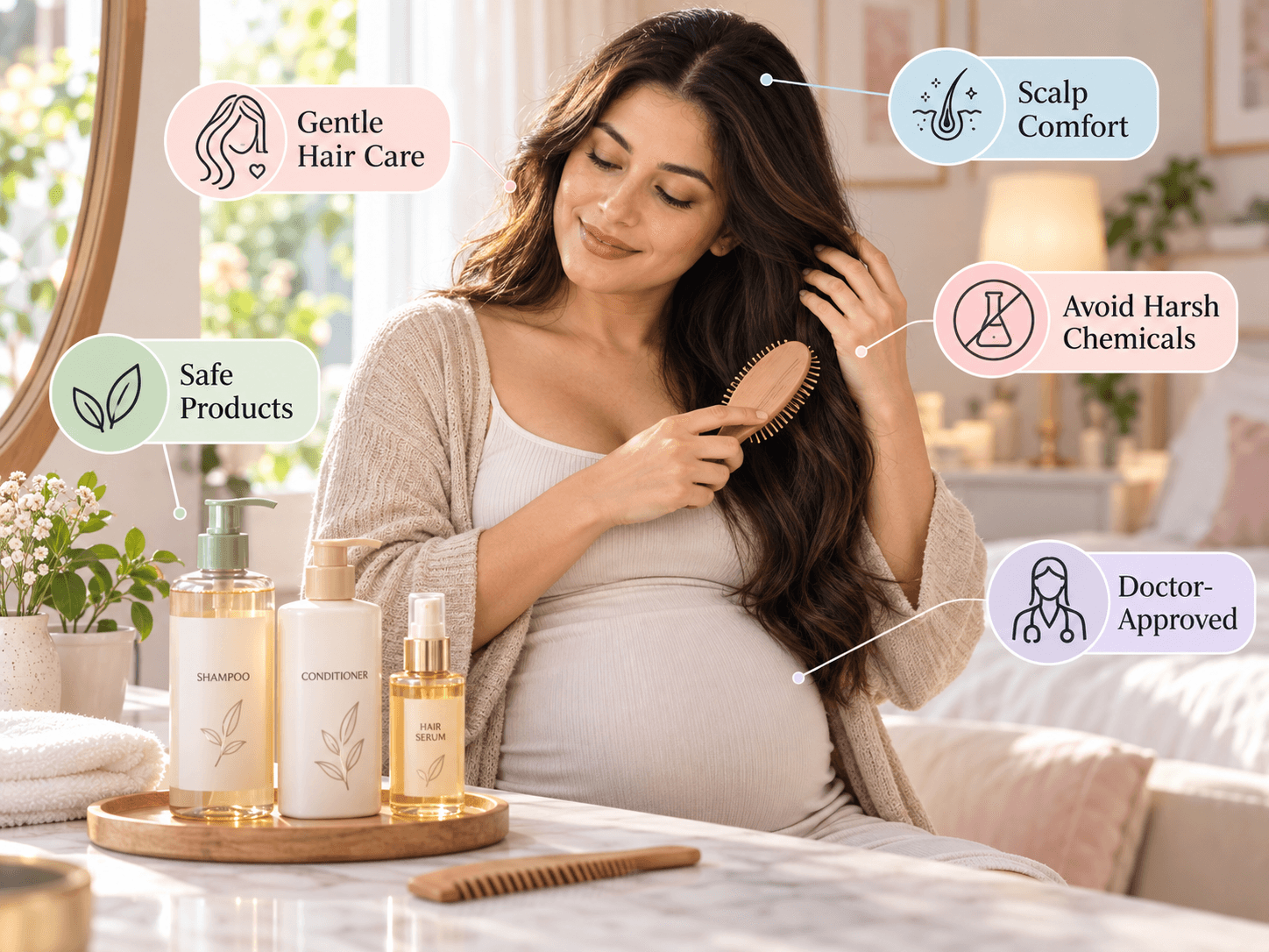 Pregnant woman gently caring for her hair, illustrating safe pregnancy hair care and product safety