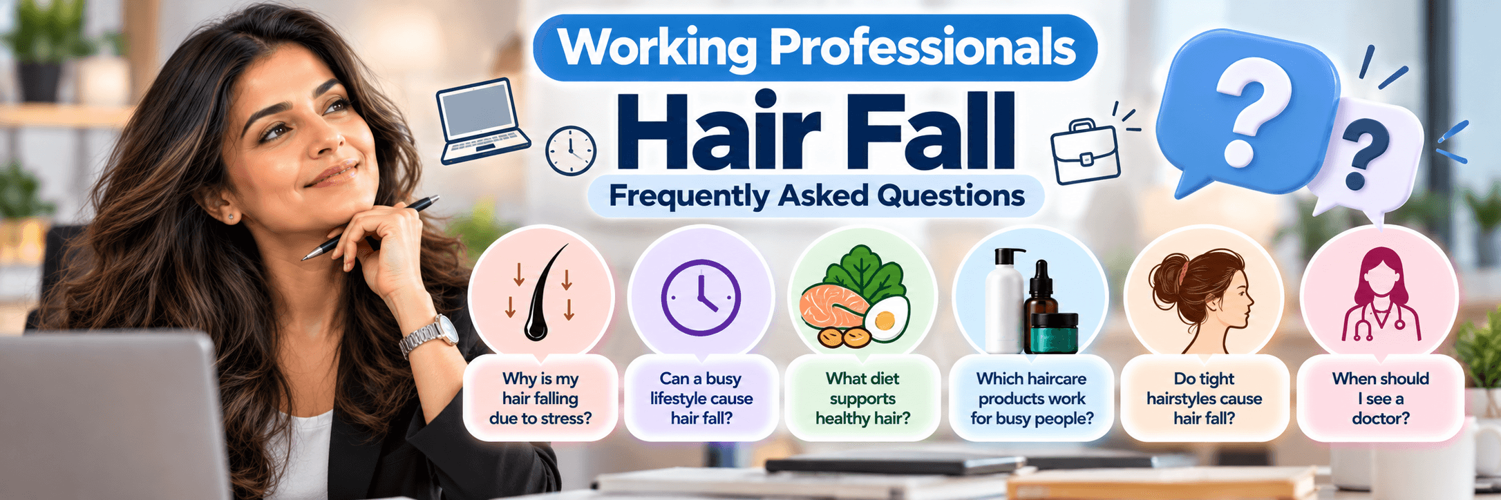 Working professionals hair fall frequently asked questions about stress, busy lifestyle, diet, haircare, tight hairstyles and when to see a doctor