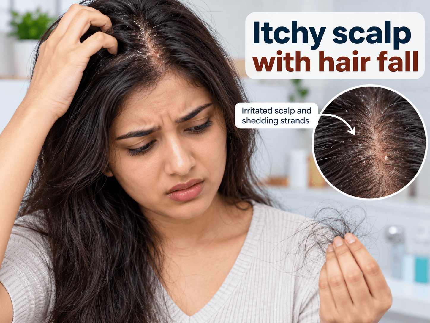Person with an irritated itchy scalp and shedding hair strands, illustrating itchy scalp with hair fall