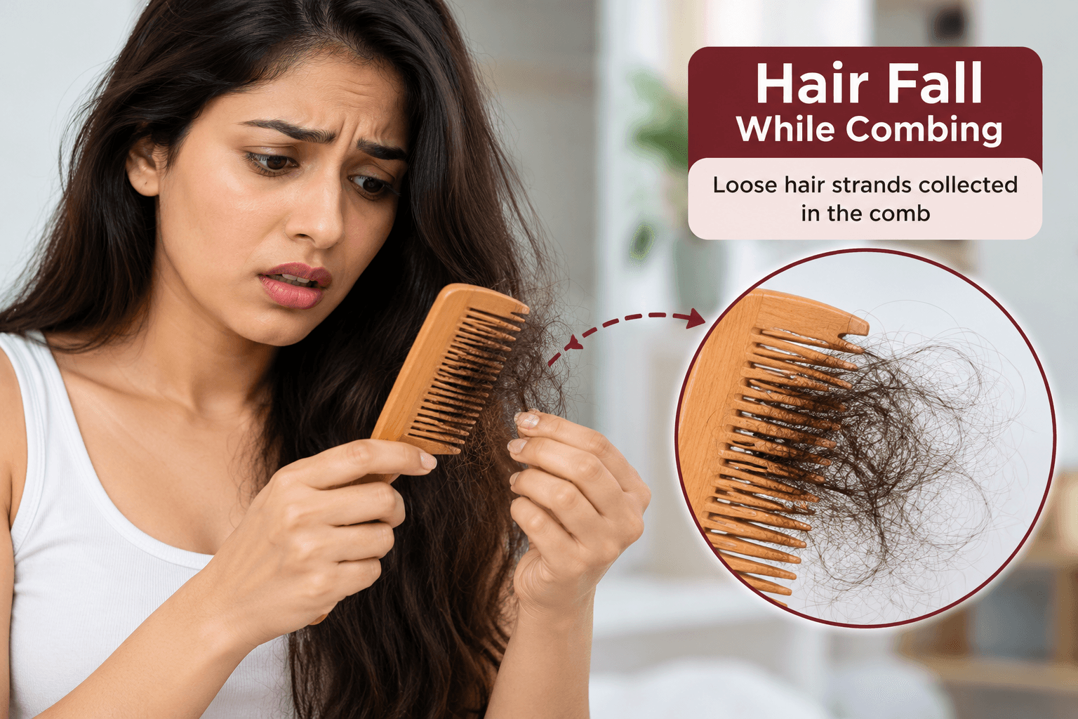 Woman noticing loose hair strands collected in a comb, illustrating hair fall while combing