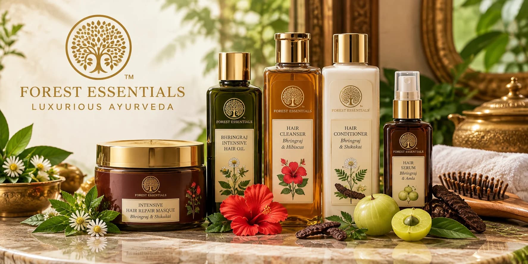 Forest Essentials Ayurvedic cosmetic haircare collection featuring labelled Bhringraj hair oil, hair cleanser, conditioner, hair masque and serum with botanical ingredients.