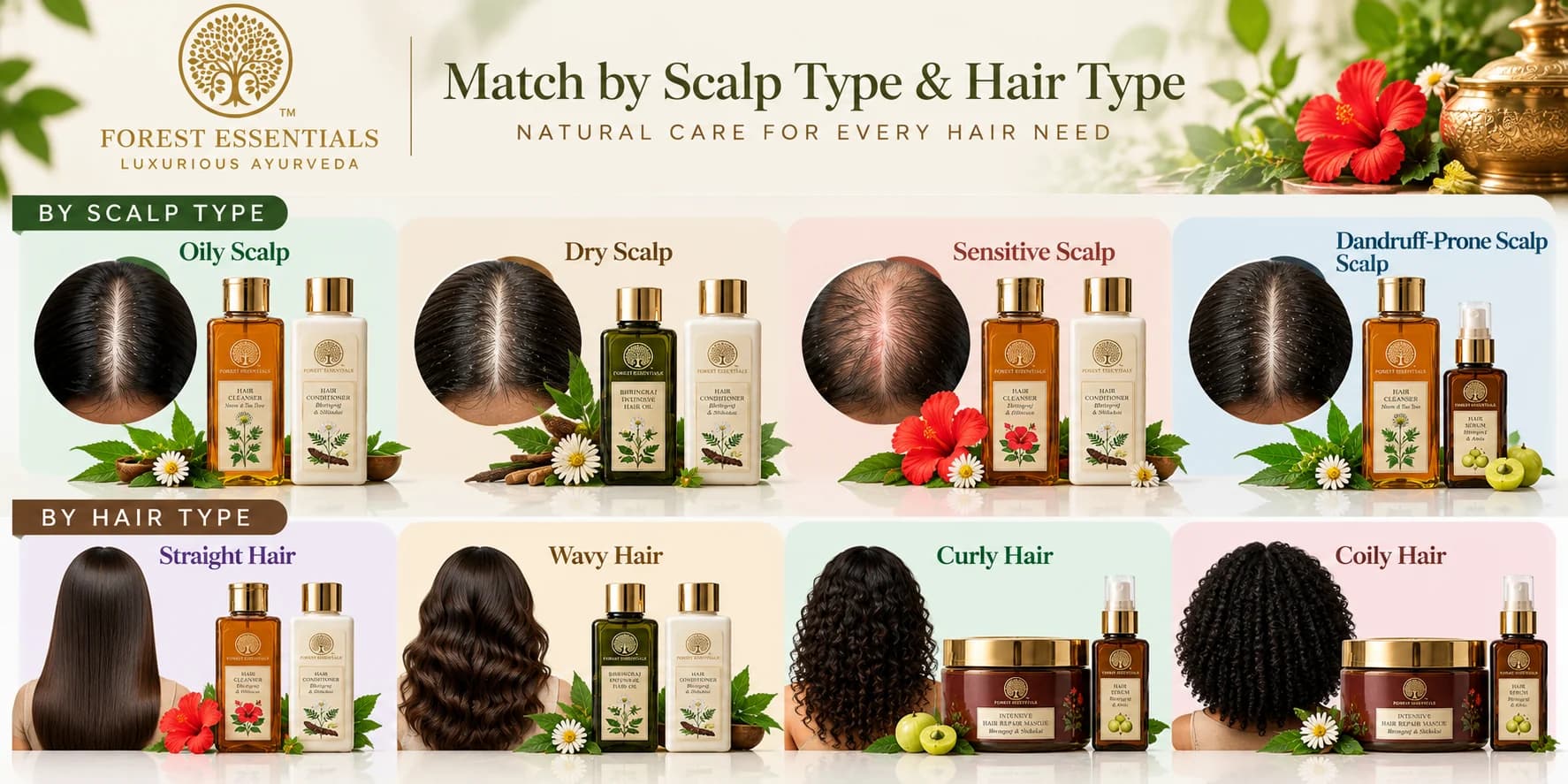 Forest Essentials Ayurvedic haircare guide comparing oily, dry, sensitive and dandruff-prone scalps with straight, wavy, curly and coily hair types.