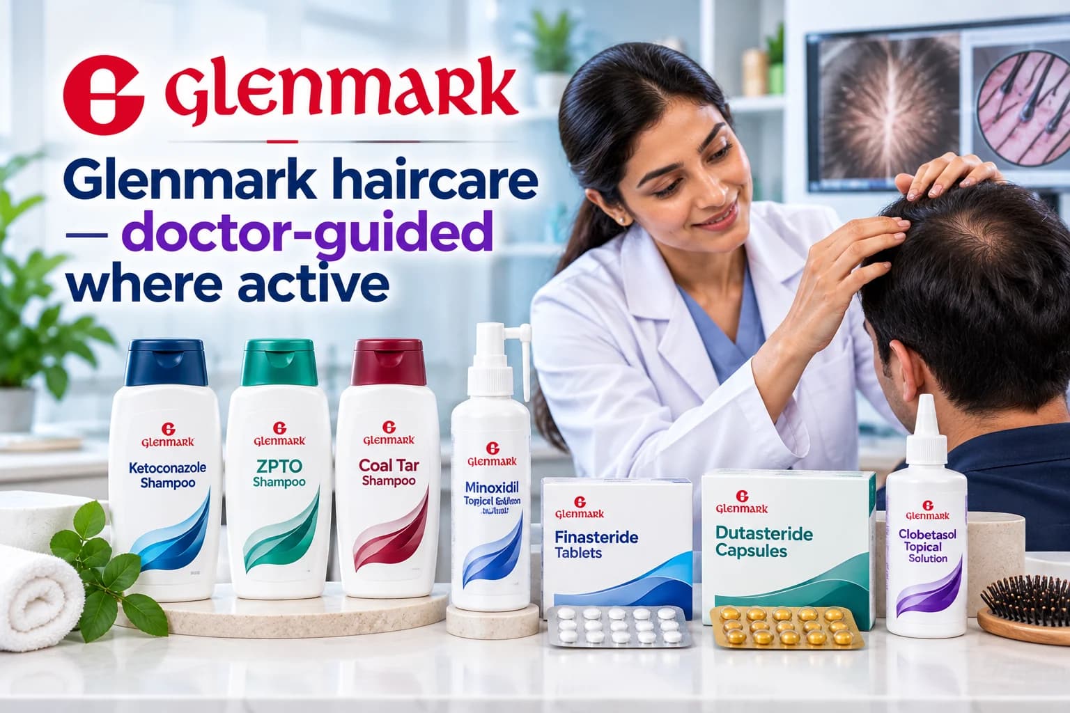 Glenmark haircare educational illustration featuring a dermatologist examining a man's thinning scalp alongside labelled ketoconazole shampoo, minoxidil solution and other medicated hair and scalp treatment categories.