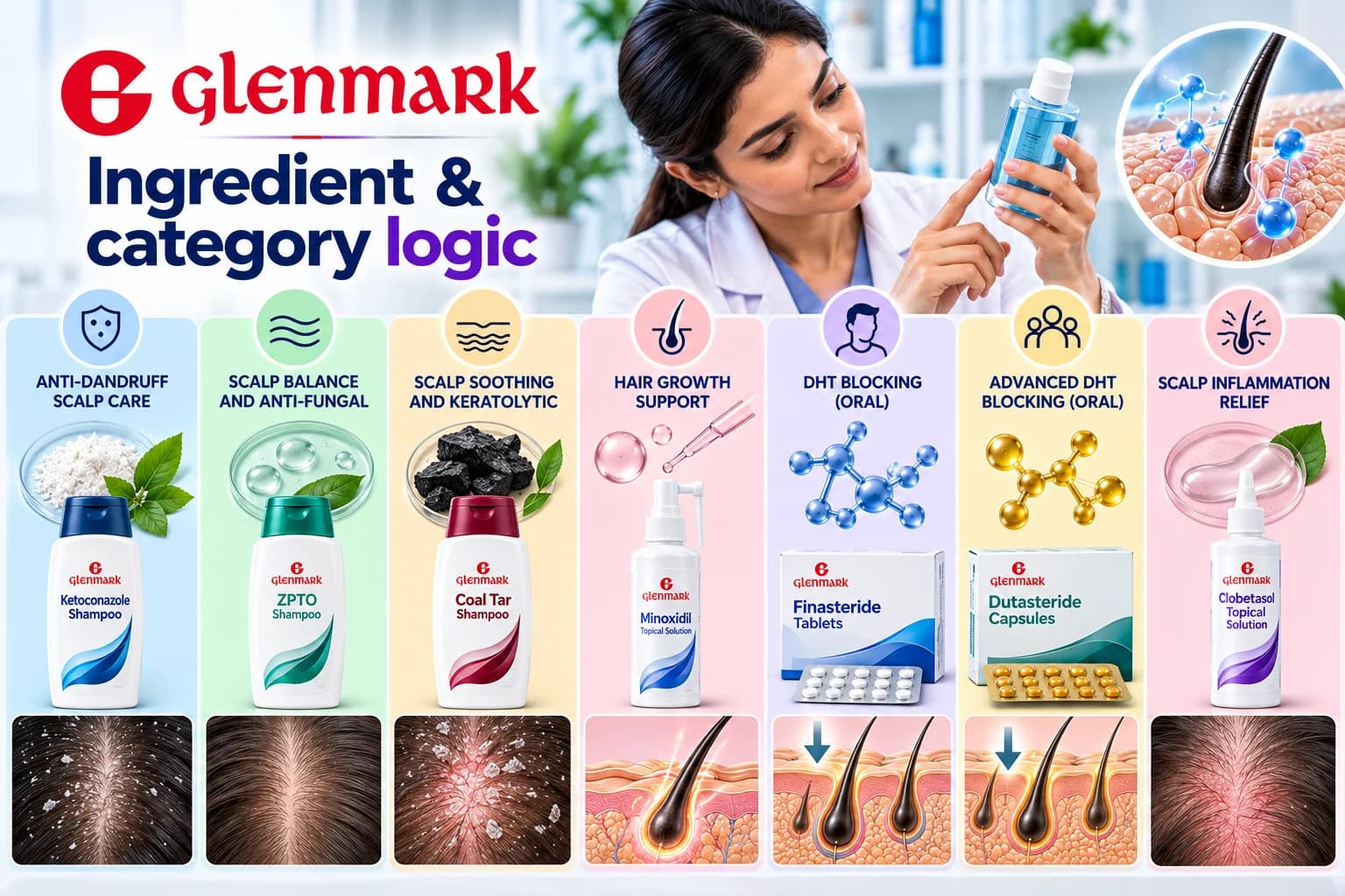 Glenmark haircare ingredient and product category infographic showing ketoconazole, zinc pyrithione, coal tar, minoxidil, finasteride, dutasteride and clobetasol with scalp and hair follicle illustrations.