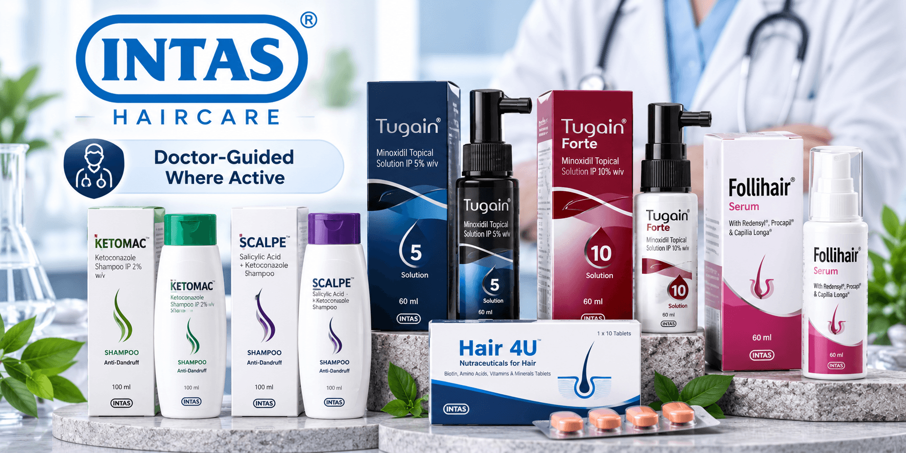 Intas haircare products in India including anti-dandruff shampoo, minoxidil solutions, hair serum and nutraceutical hair supplements