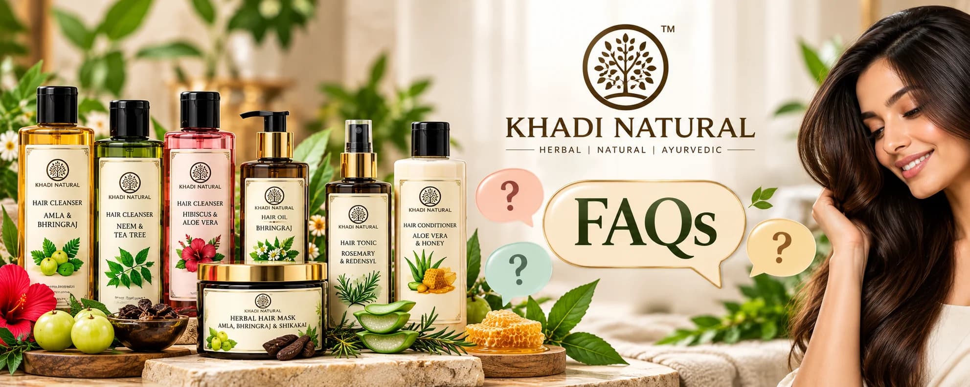 Khadi Natural haircare FAQs banner featuring labelled herbal shampoos, Bhringraj hair oil, rosemary hair tonic, Aloe Vera conditioner and herbal hair mask alongside a woman with long, glossy hair.