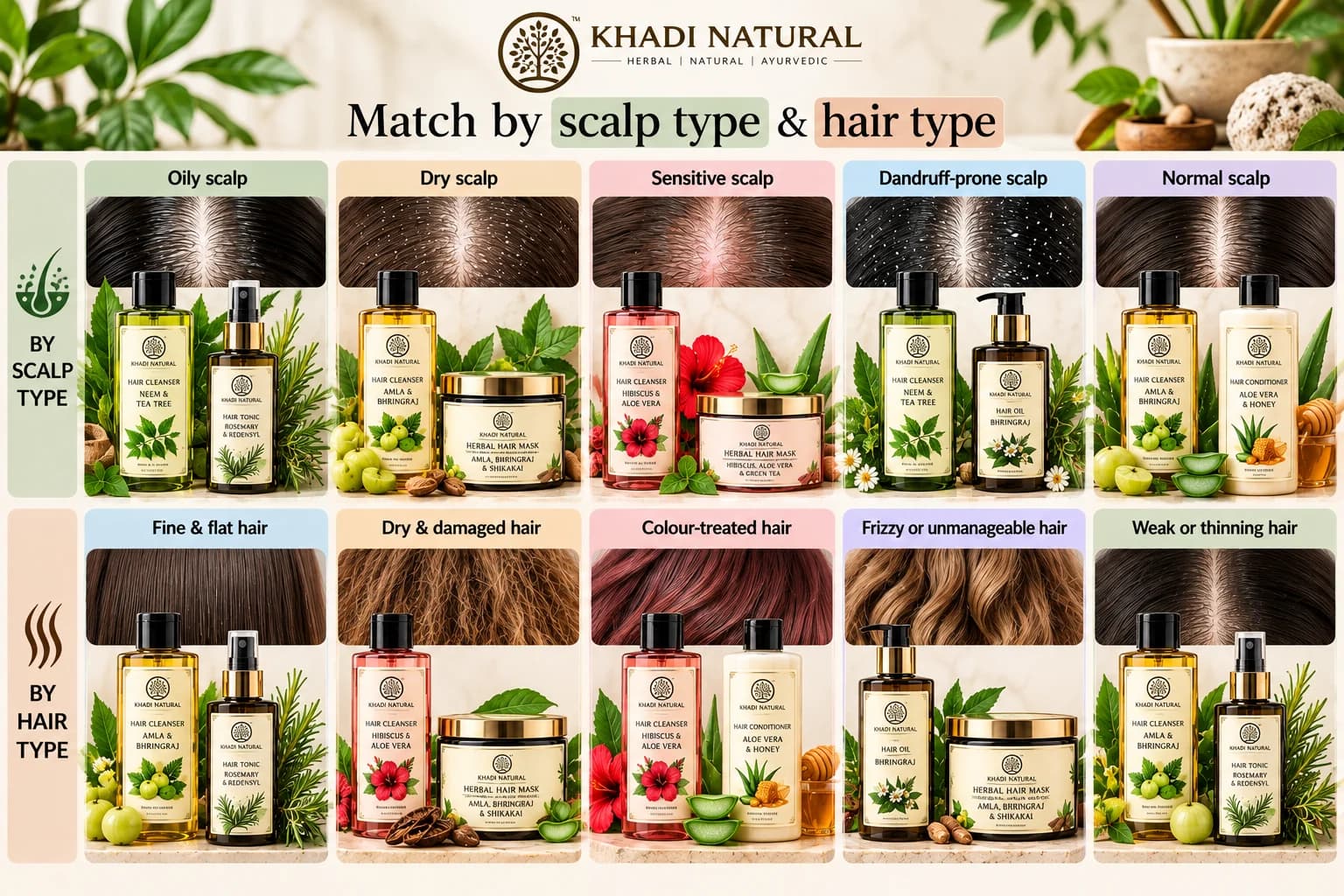 Khadi Natural scalp and hair type comparison chart featuring labelled herbal shampoos, Bhringraj hair oil, rosemary hair tonic, Aloe Vera conditioner and hair masks for oily, dry, sensitive, dandruff-prone, damaged and frizzy hair concerns.