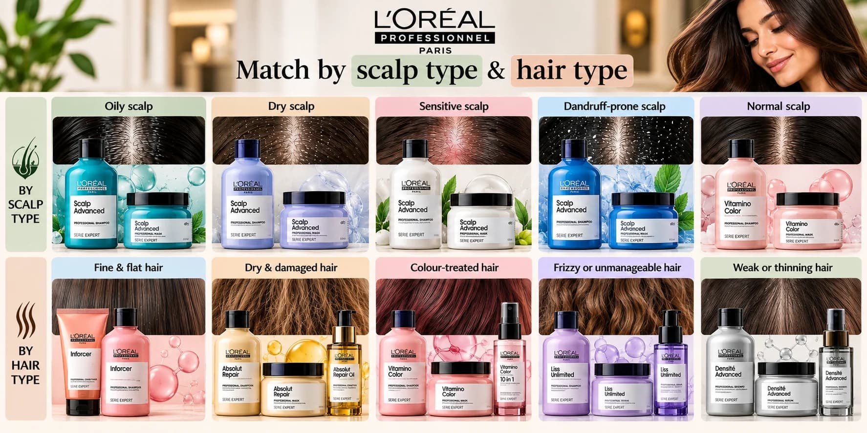 L'Oréal Professionnel scalp and hair type comparison chart featuring Scalp Advanced, Absolut Repair, Vitamino Color, Inforcer, Liss Unlimited and Density Advanced haircare products for different scalp and hair concerns.