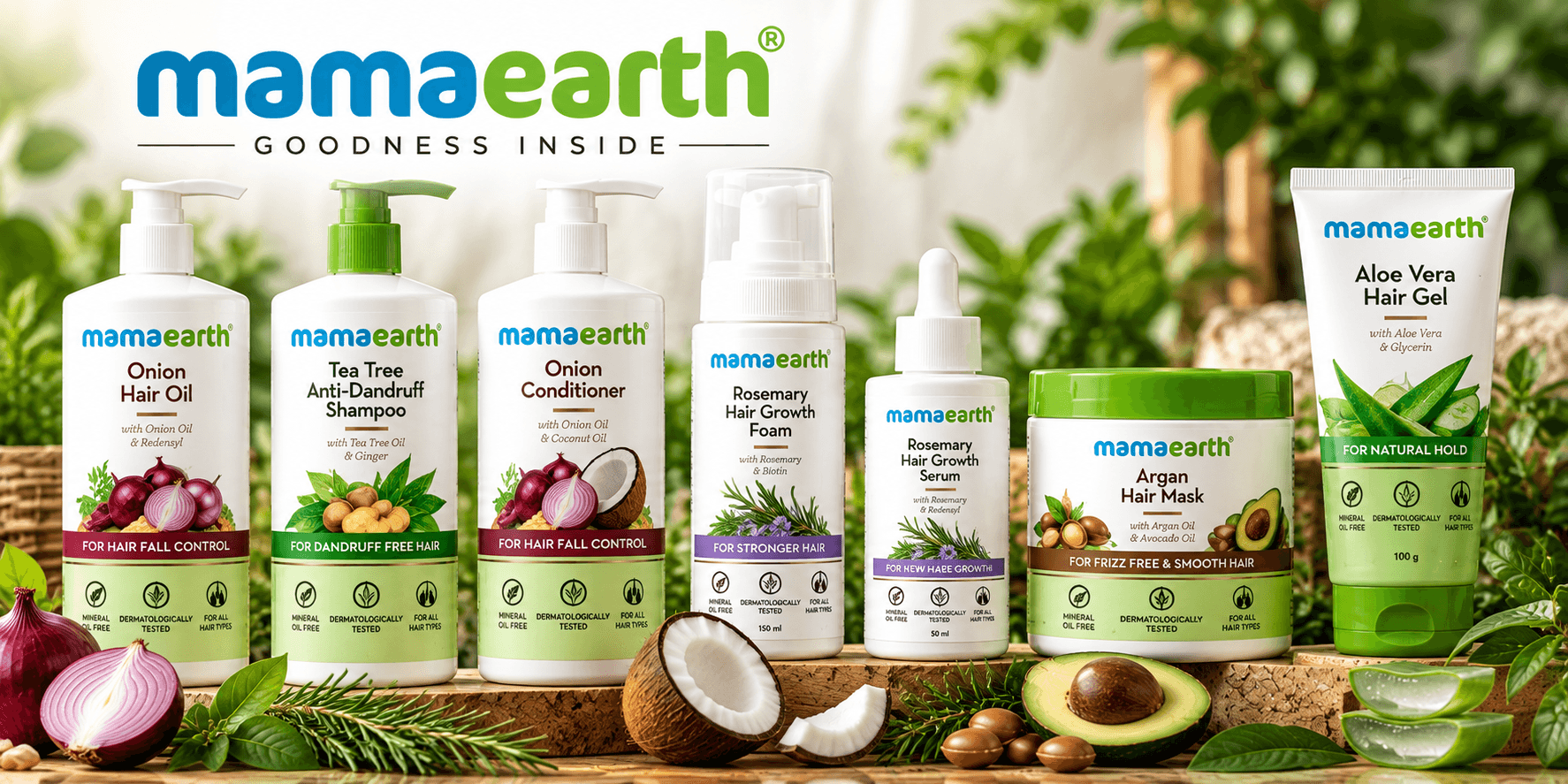 Mamaearth cosmetic haircare products in India including onion hair oil, tea tree anti-dandruff shampoo, conditioner, rosemary serum, hair mask and aloe vera hair gel
