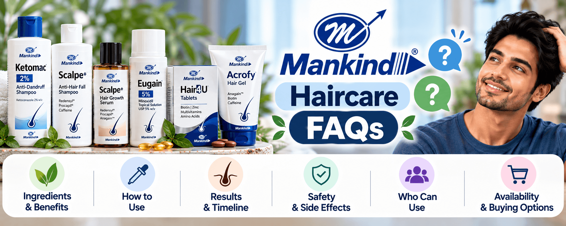 Mankind haircare FAQs covering ingredients, usage, results, safety, suitability and buying options