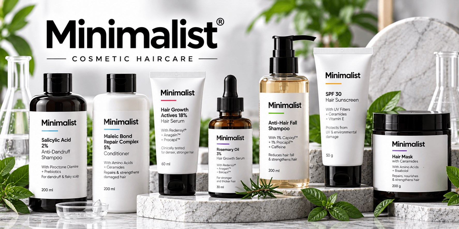 Minimalist cosmetic haircare products in India including anti-dandruff shampoo, conditioner, hair growth serum, anti-hair fall shampoo, hair sunscreen and hair mask