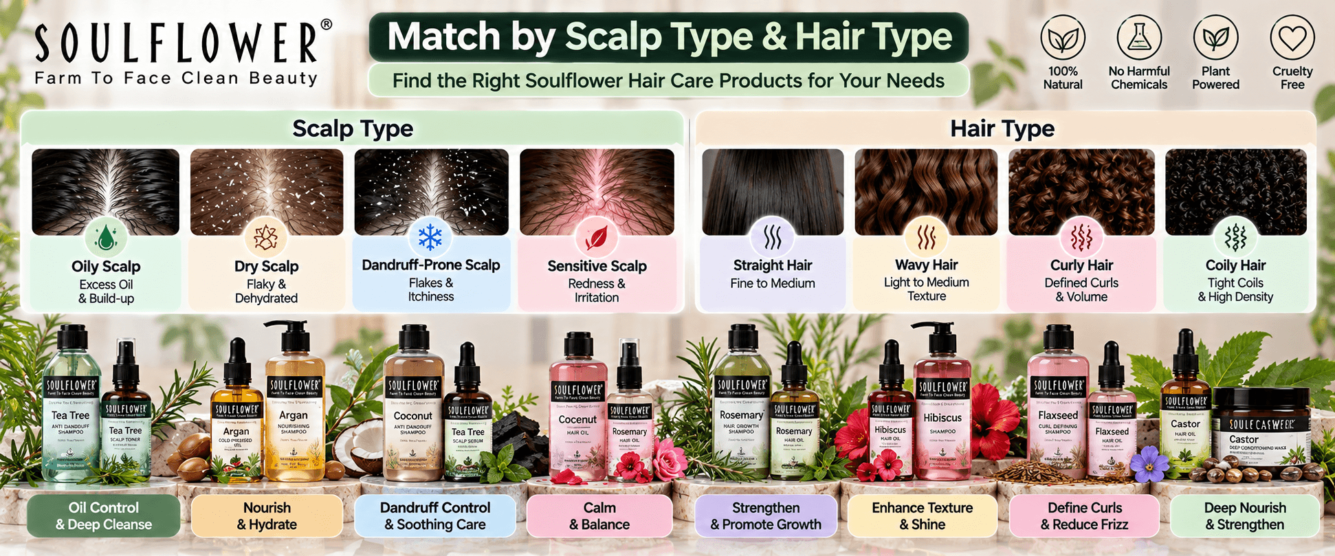 Soulflower scalp and hair type guide for oily, dry, dandruff-prone and sensitive scalp with straight, wavy, curly and coily hair