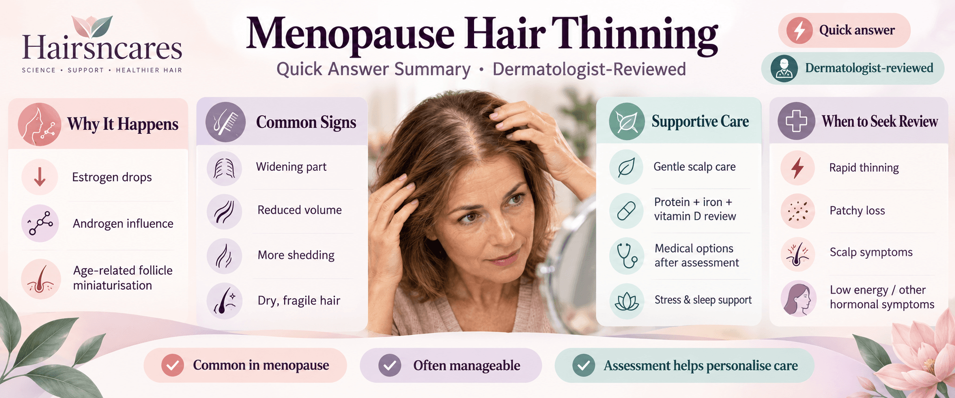 Menopause Hair Thinning – Quick Answer Summary Menopause hair thinning quick answer summary with common signs, causes, supportive care and dermatologist-reviewed guidance — Hairsncares
