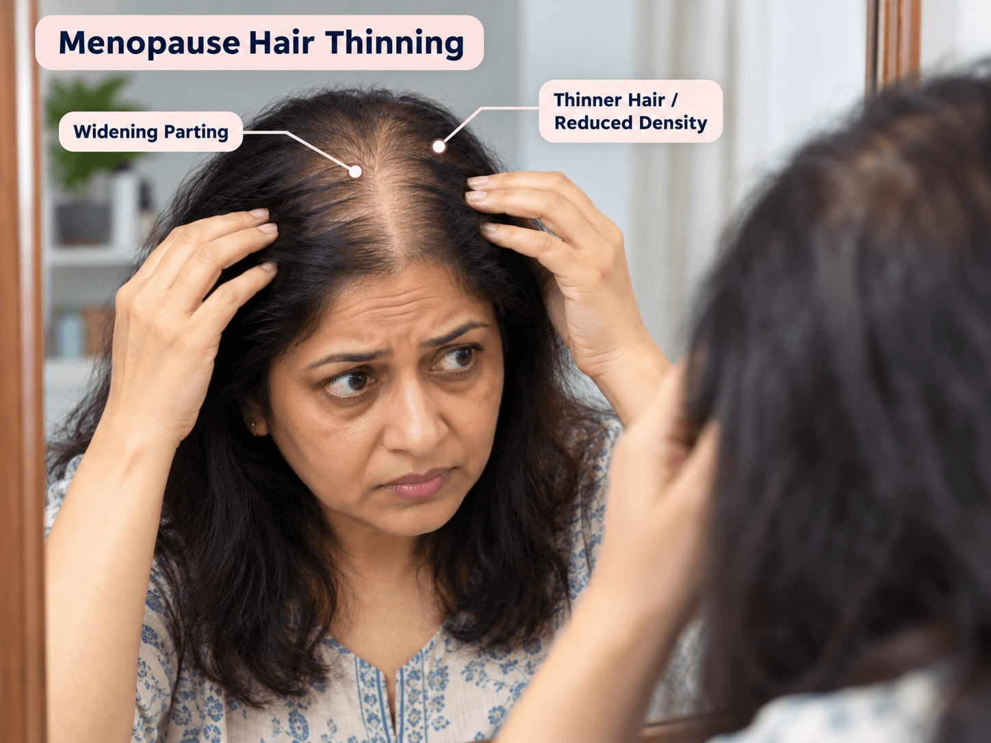 Menopause Hair Thinning – Widening Parting & Reduced Density Woman with menopause hair thinning showing widening parting and reduced hair density