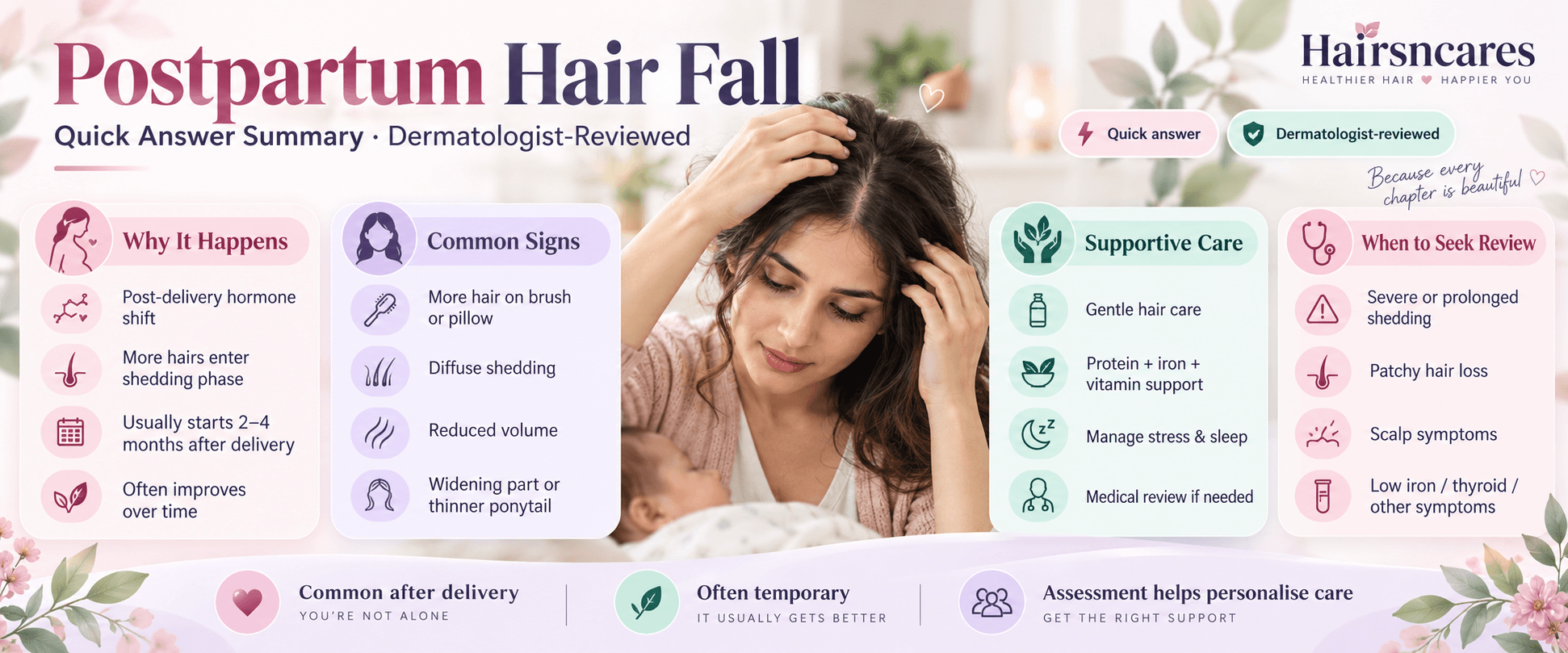 Postpartum Hair Fall quick answer summary, dermatologist-reviewed — Hairsncares