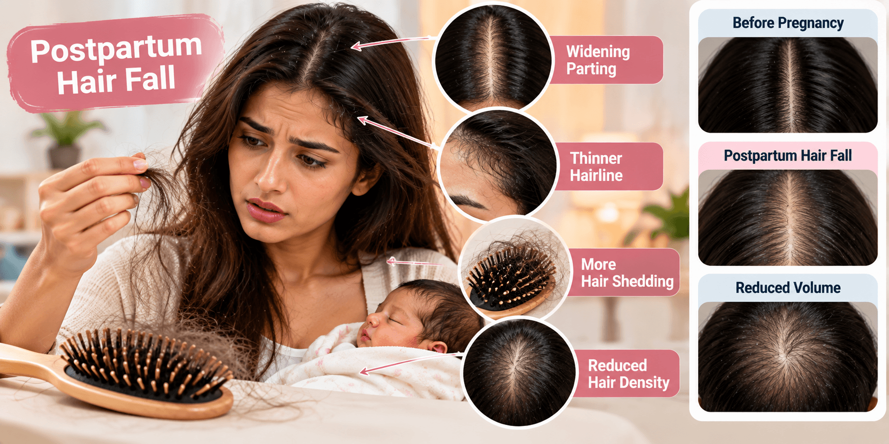 Postpartum Hair Fall – Shedding After Delivery Postpartum hair fall showing widening parting, thinner hairline, increased shedding and reduced hair density after delivery