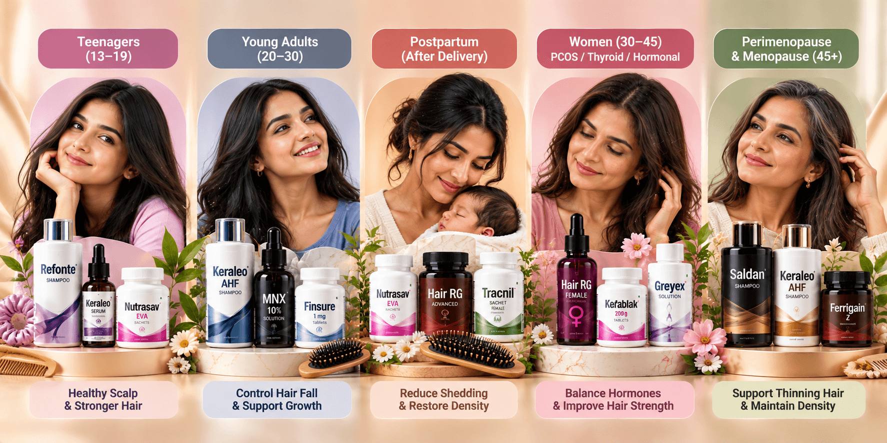 Women’s Life-Stage Haircare Bundles Women’s life-stage haircare bundles for teenagers, young adults, postpartum, hormonal hair loss and menopause
