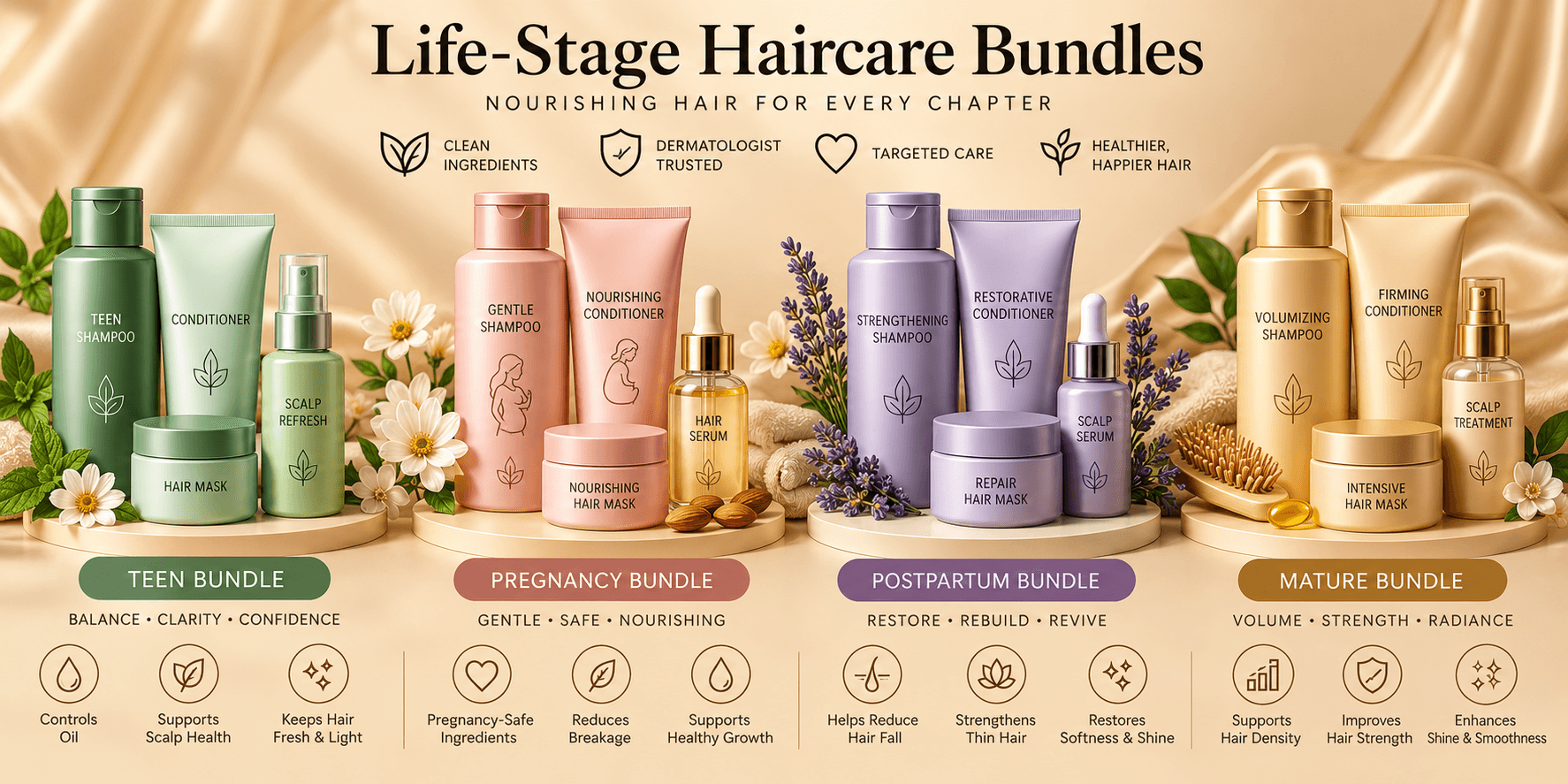 Life-Stage Haircare Bundles for Every Hair Need Life-stage haircare bundles for teen, pregnancy, postpartum and mature hair on champagne background