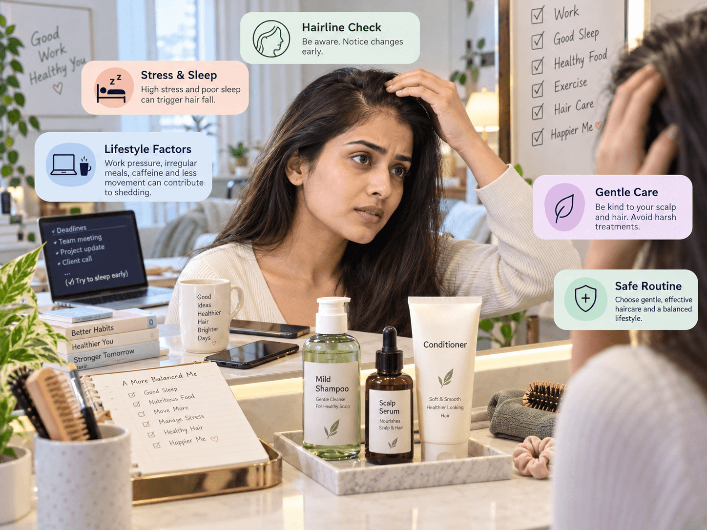 Stress and Lifestyle-Linked Hair Fall in Working Professionals Working professional checking a thinning hairline in the mirror, illustrating stress, poor sleep and lifestyle-linked hair fall