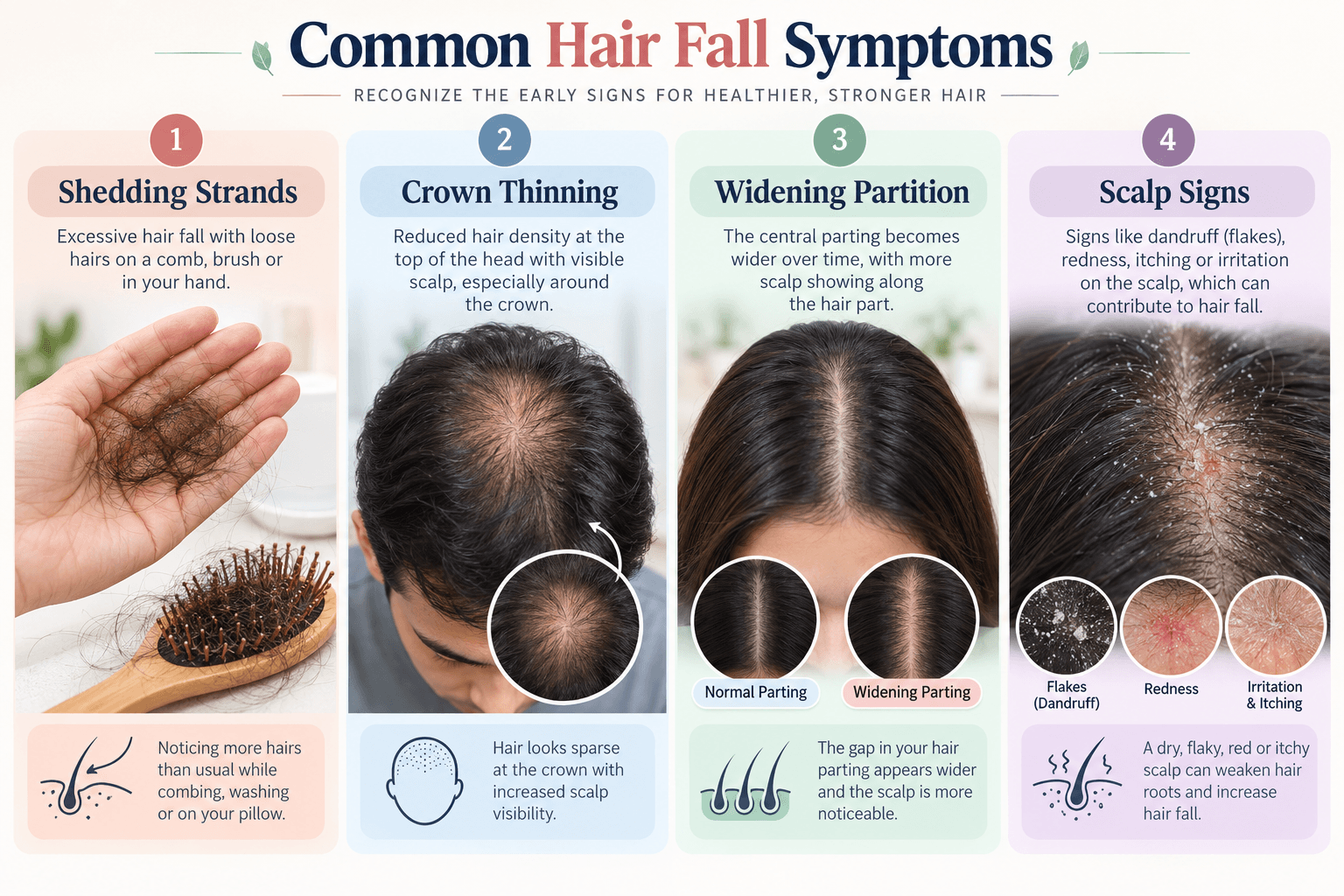 Common hair fall symptoms including excessive shedding, crown thinning, widening parting and scalp signs