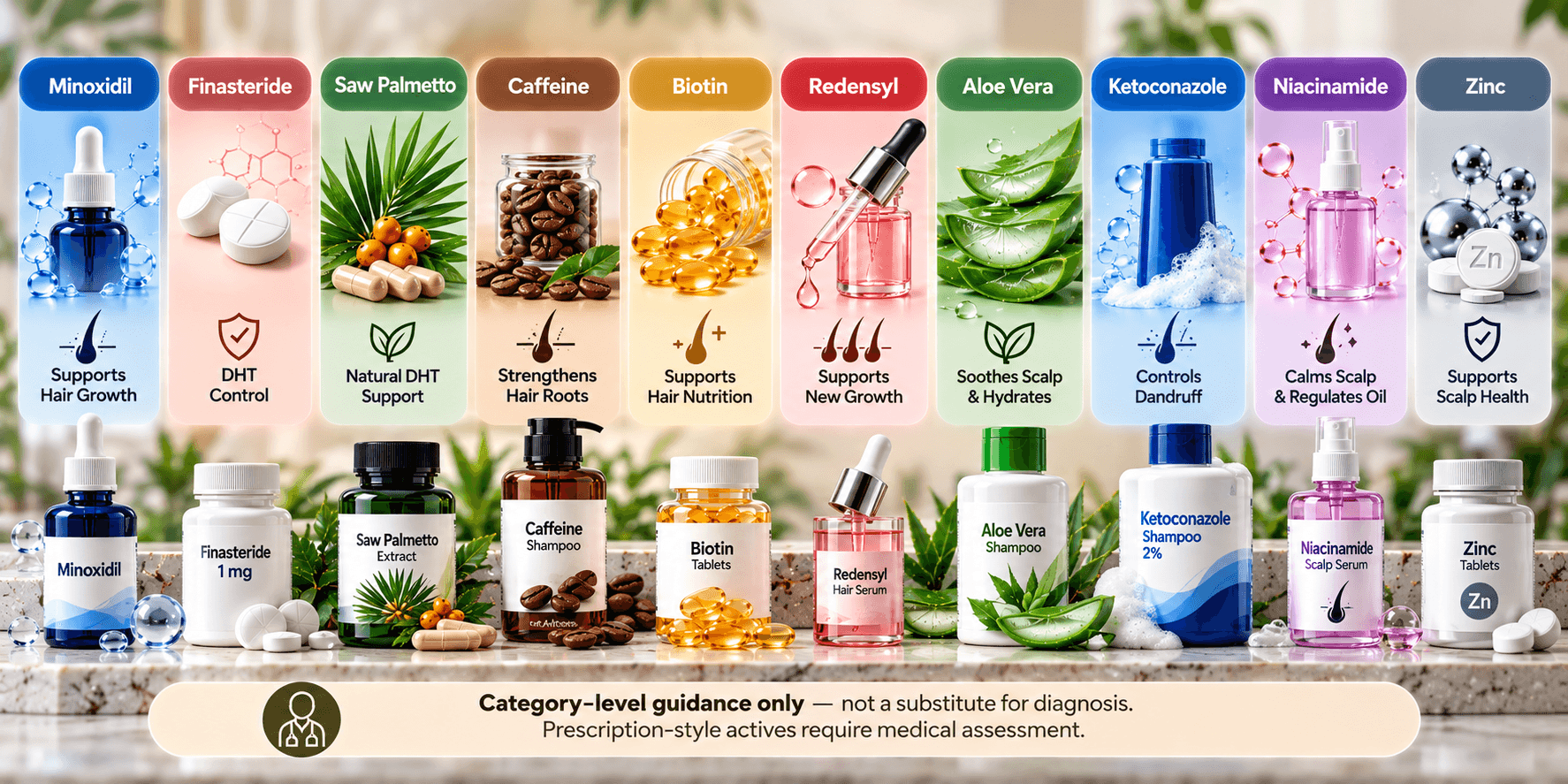 Haircare category guide with labeled minoxidil, finasteride, saw palmetto, caffeine, biotin, Redensyl, aloe vera, ketoconazole, niacinamide and zinc products