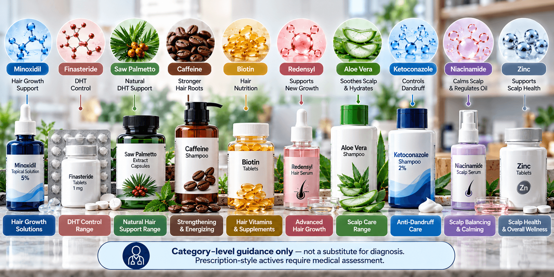 Haircare ingredient category guide showing minoxidil, finasteride, saw palmetto, caffeine, biotin, Redensyl, aloe vera, ketoconazole, niacinamide and zinc with labeled product types