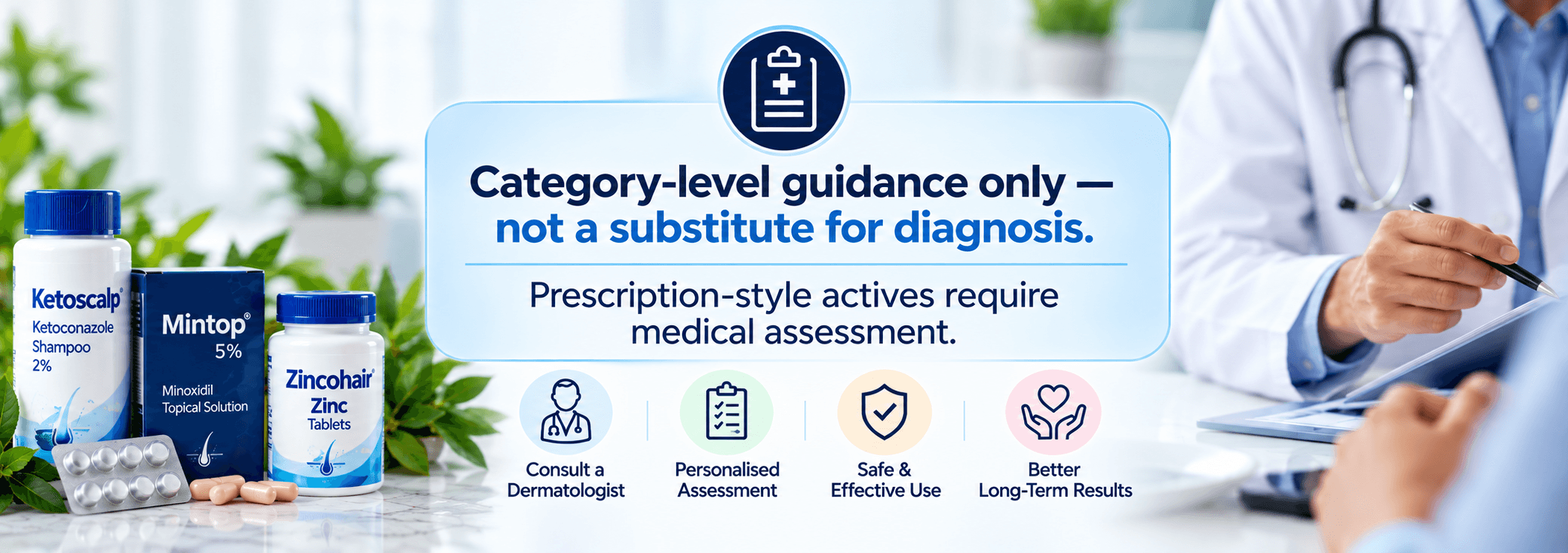Haircare guidance disclaimer stating that category-level information is not a substitute for diagnosis and prescription-style actives require medical assessment
