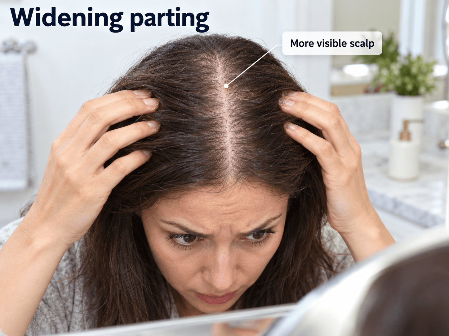 Widening Hair Partition: Causes, Self-Check Signs & What To Do — Hairsncares Centre hair parting appearing wider with more visible scalp, illustrating a widening hair partition in women
