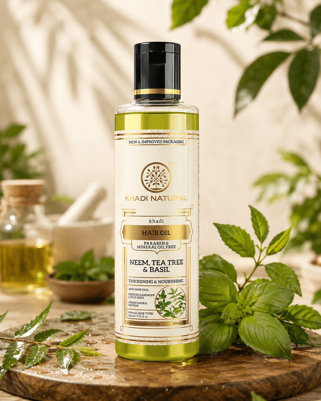 KHADI NATURAL Neem Tea Tree & Basil Hair Oil for Healthy Scalp, Stronger Hair & Hair Fall Control