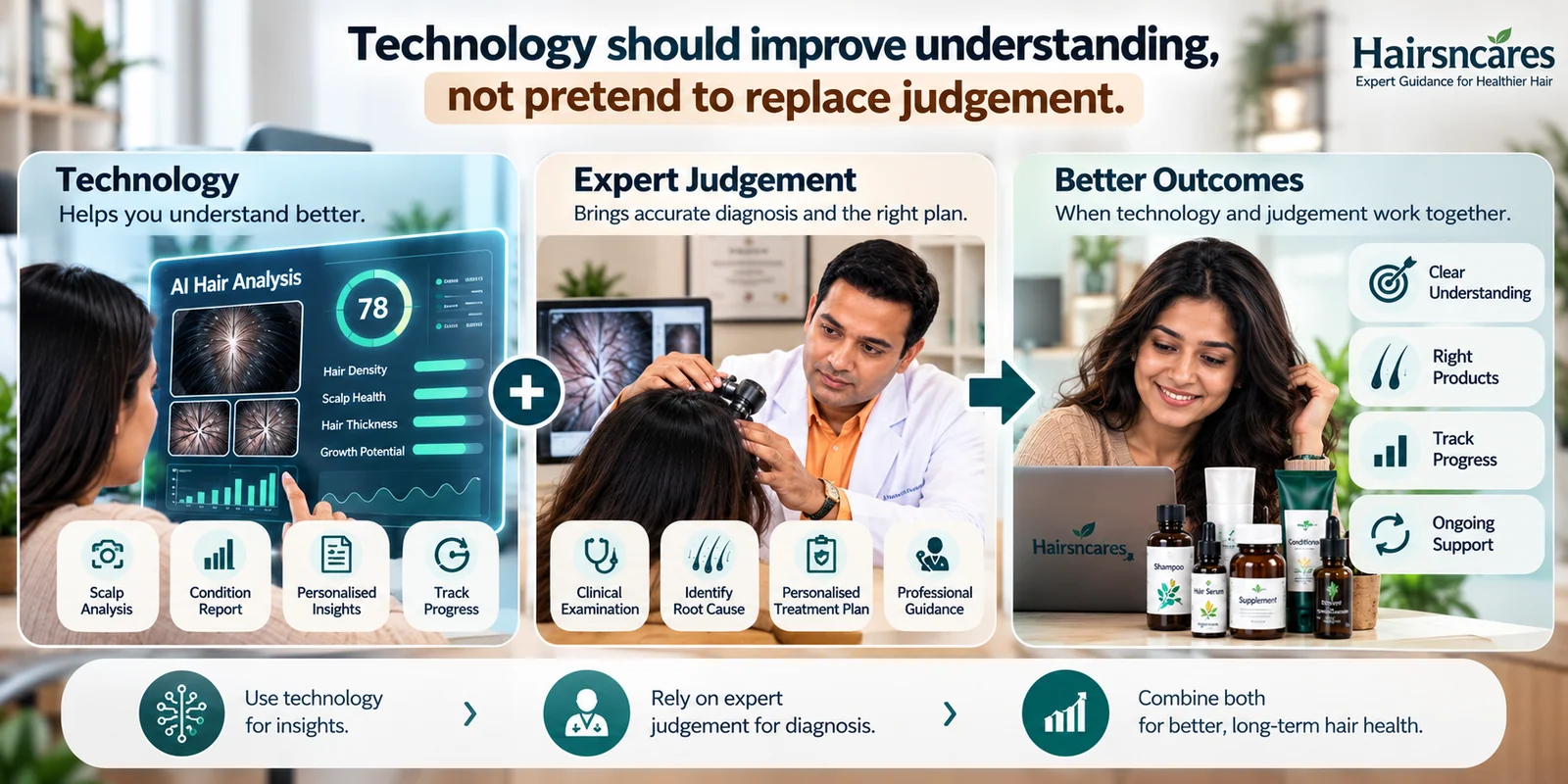 Structured digital tools organising hair information, with clinical judgement kept separate.