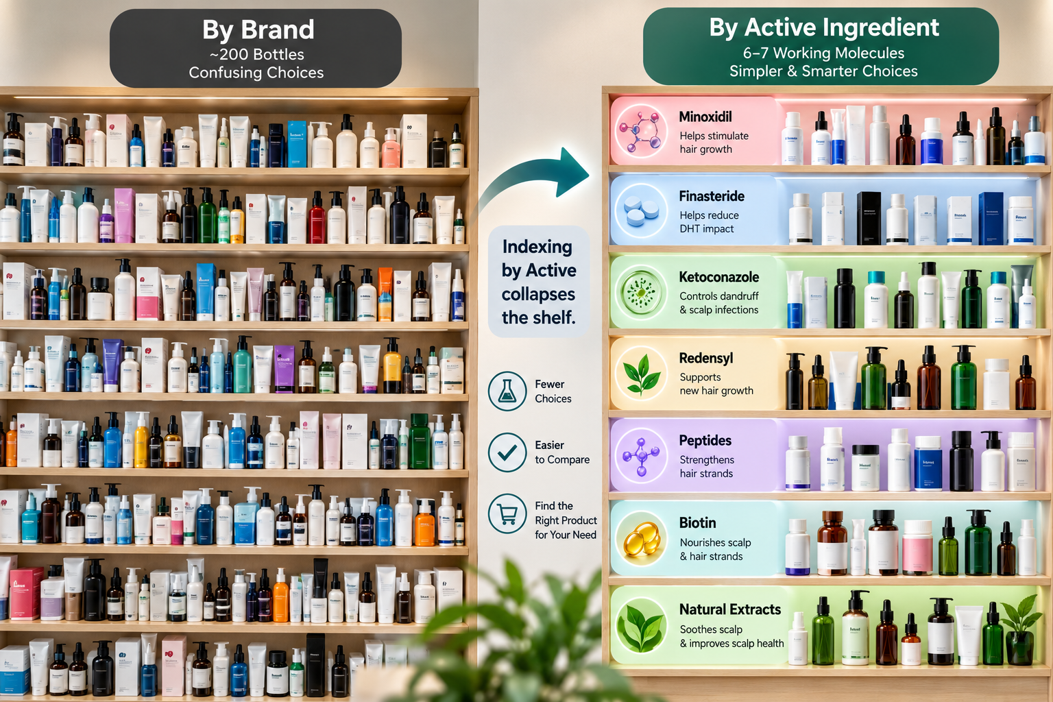 A long pharmacy shelf of unbranded haircare bottles receding into shadow, one bottle lit.