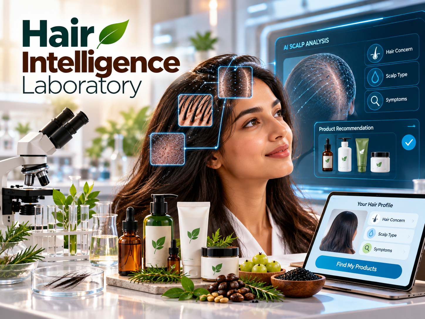 Dermatologist reviewing an illuminated hair follicle hologram and ingredient molecule structures in a dark luxury hair intelligence laboratory