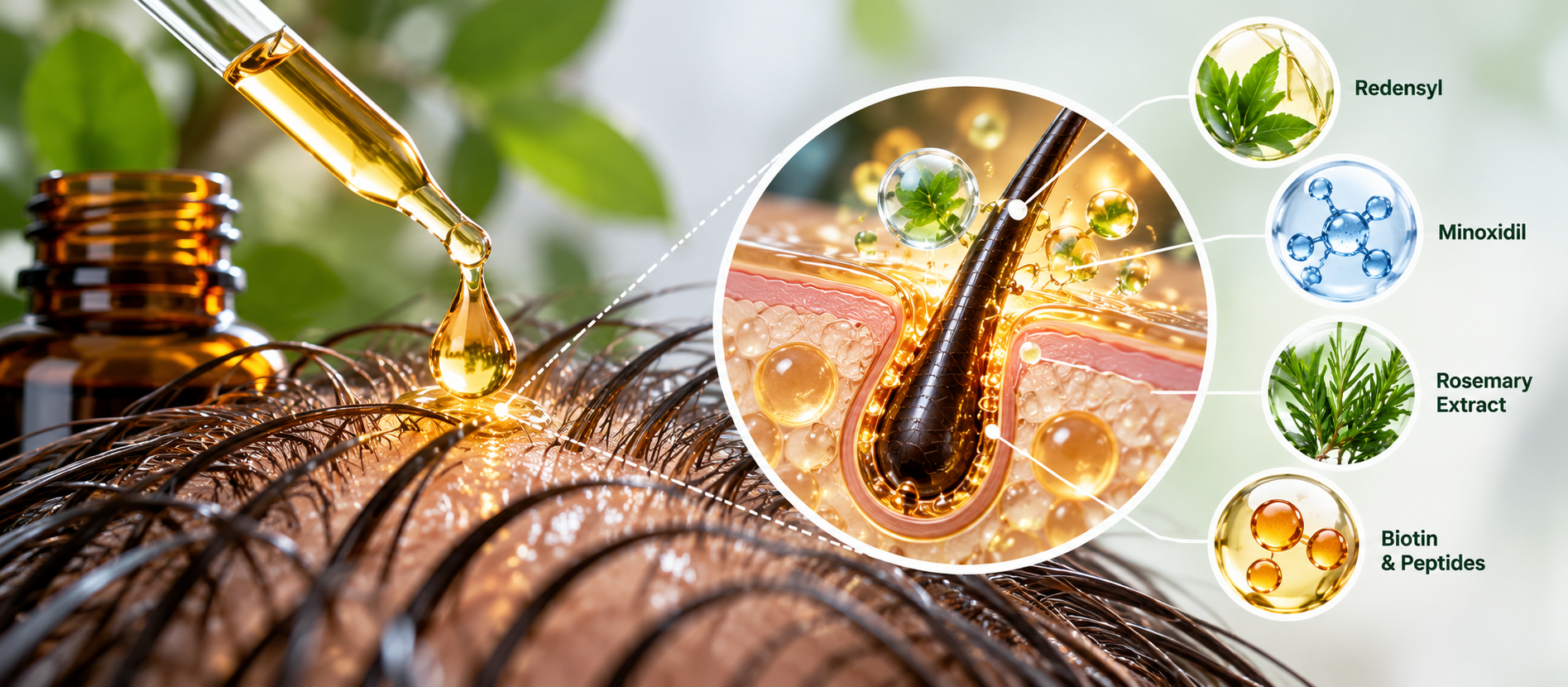 A single suspended droplet of clear serum against black, with a faint golden molecular lattice refracted inside it