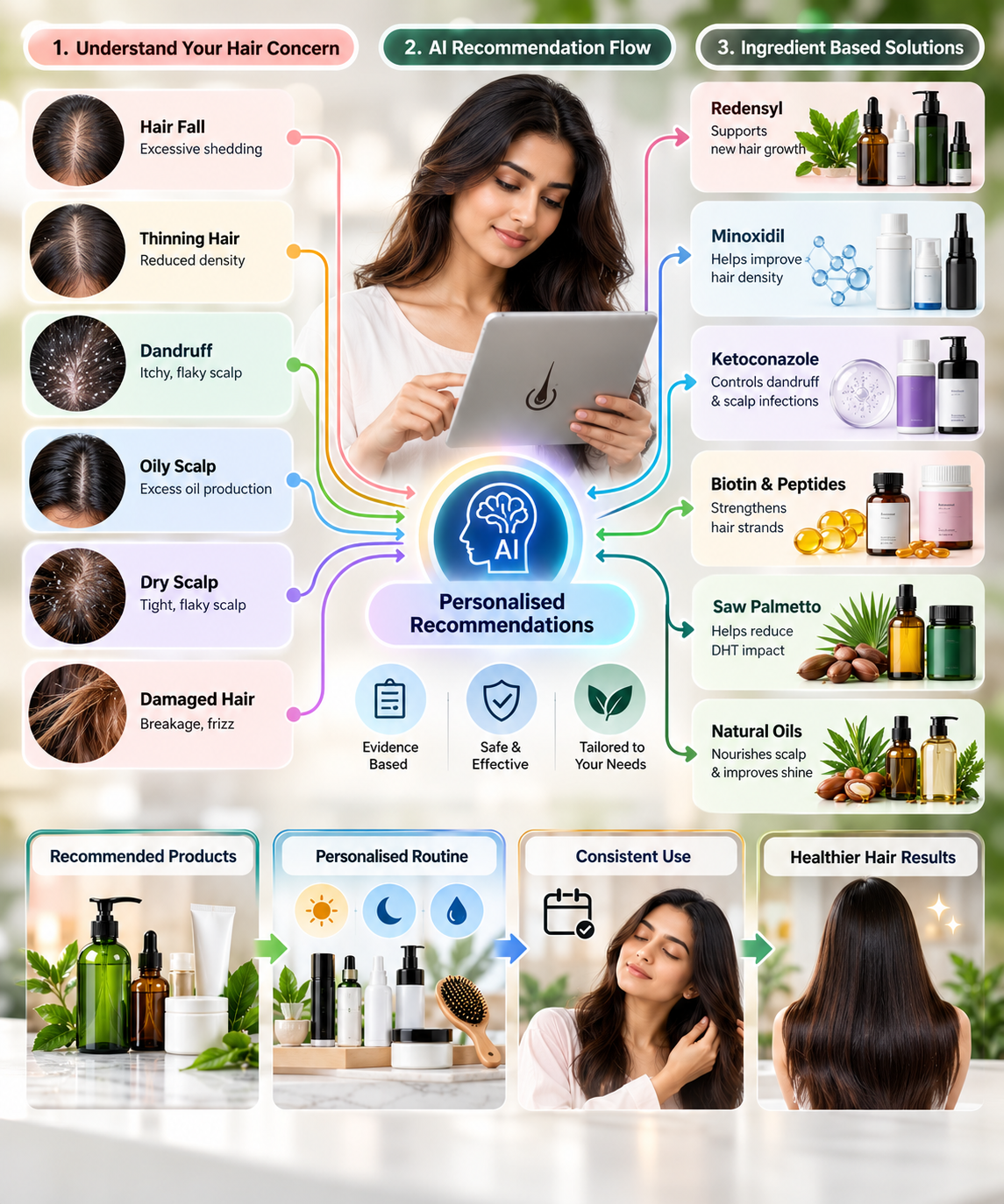 Diagram of a hair concern branching into active ingredients and then into a sequenced daily and weekly routine