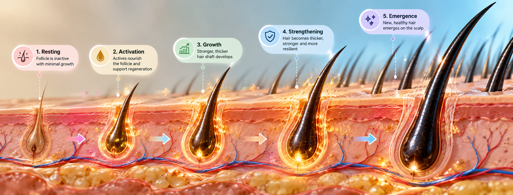 Extreme dark-field macro of individual hair shafts emerging from skin, each rimmed with gold light