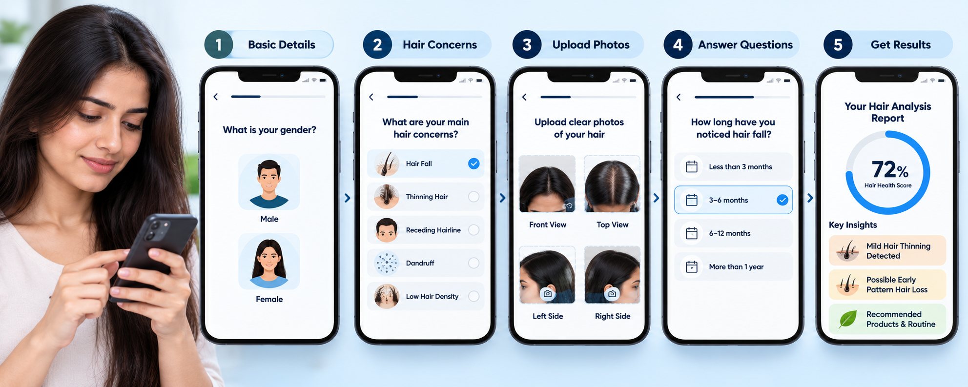 Hairsncares AI Hair Test self-assessment questions displayed on a smartphone