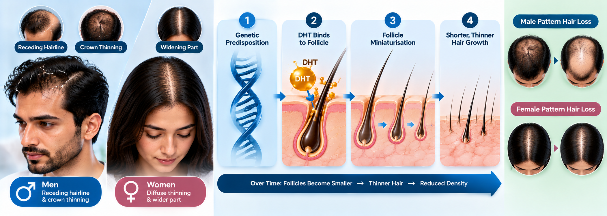 Androgenetic alopecia diagram showing genetic predisposition, DHT binding, follicle miniaturisation, and thinner hair growth in men and women