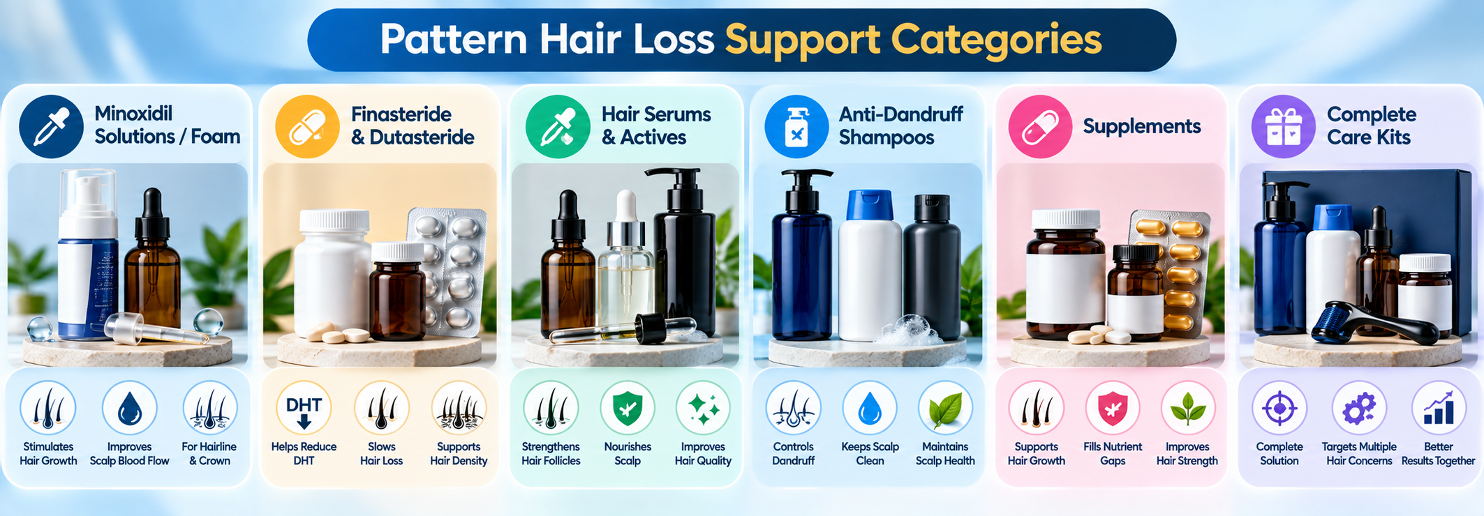 Pattern hair loss support categories including Minoxidil, Finasteride, serums, shampoos, supplements and care kits