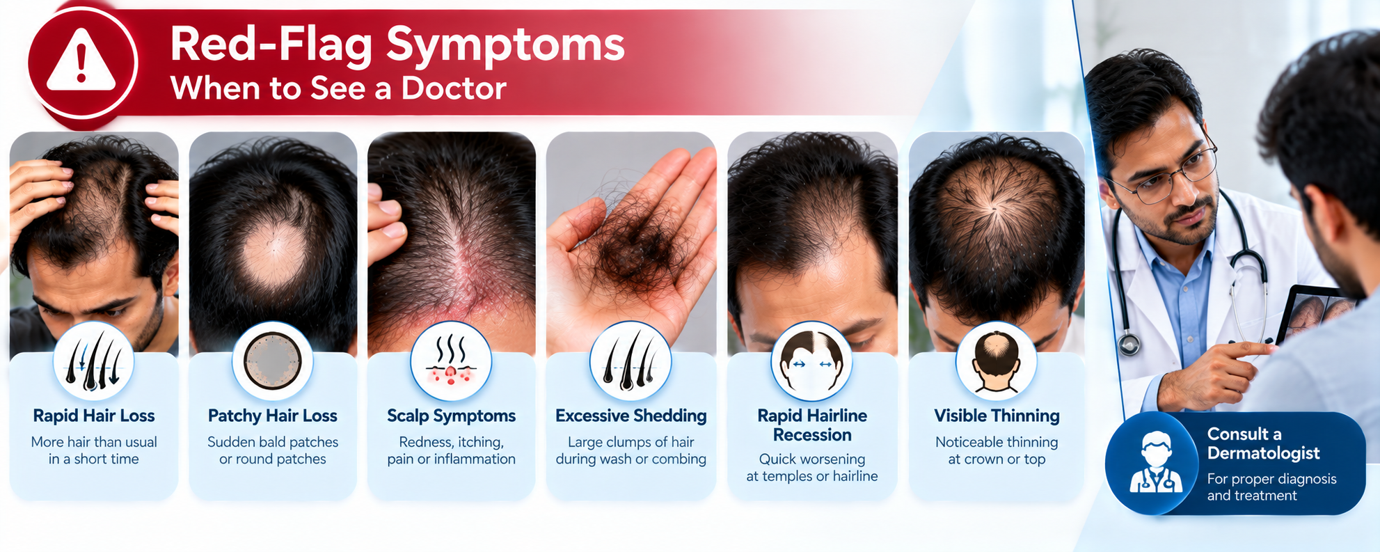 Male pattern hair loss warning signs including rapid hair loss, patchy loss, scalp symptoms, excessive shedding, hairline recession, and visible thinning