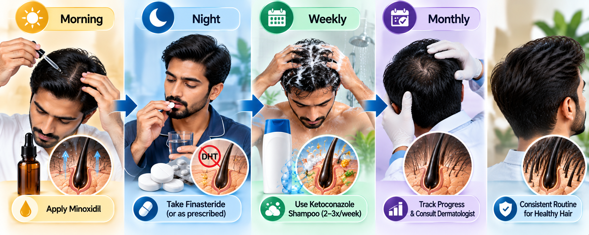 Pattern hair loss routine showing morning, night, weekly and monthly hair care steps