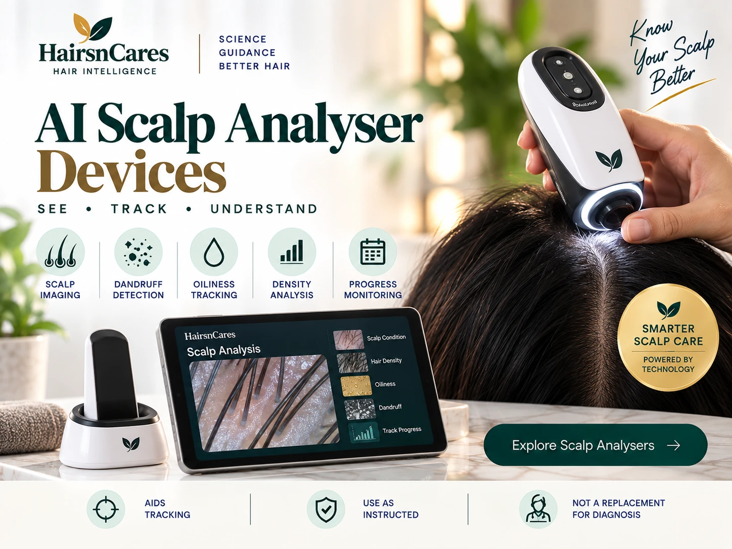 AI scalp analyser device for scalp imaging dandruff oiliness hair density and progress monitoring