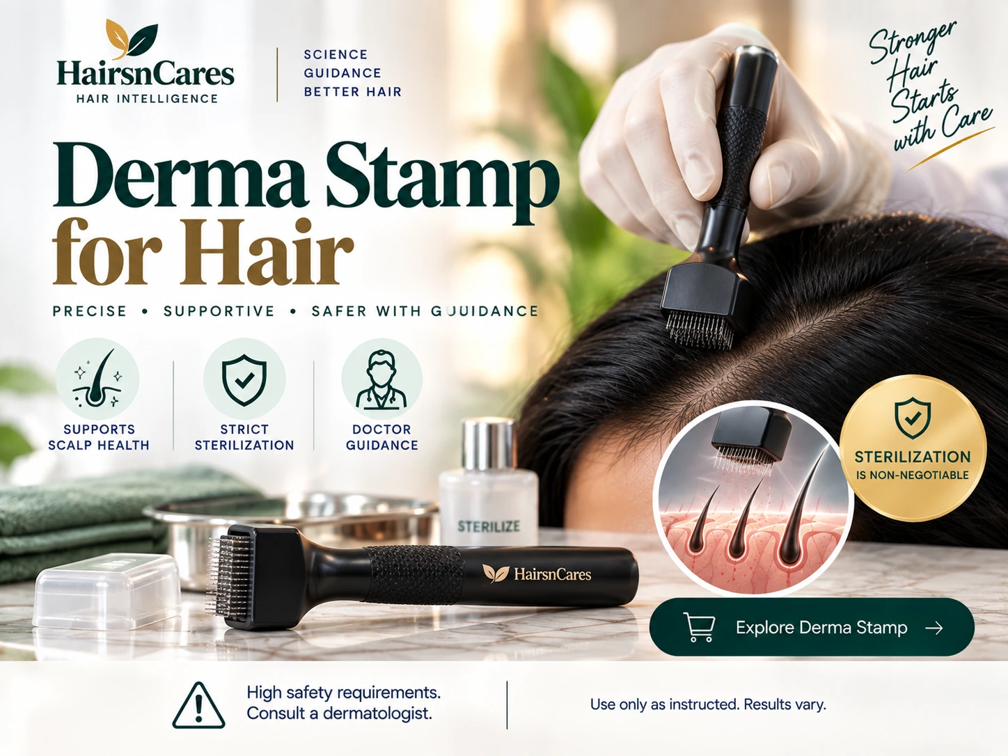 Derma stamp for hair and scalp microneedling with doctor guidance and sterility precautions