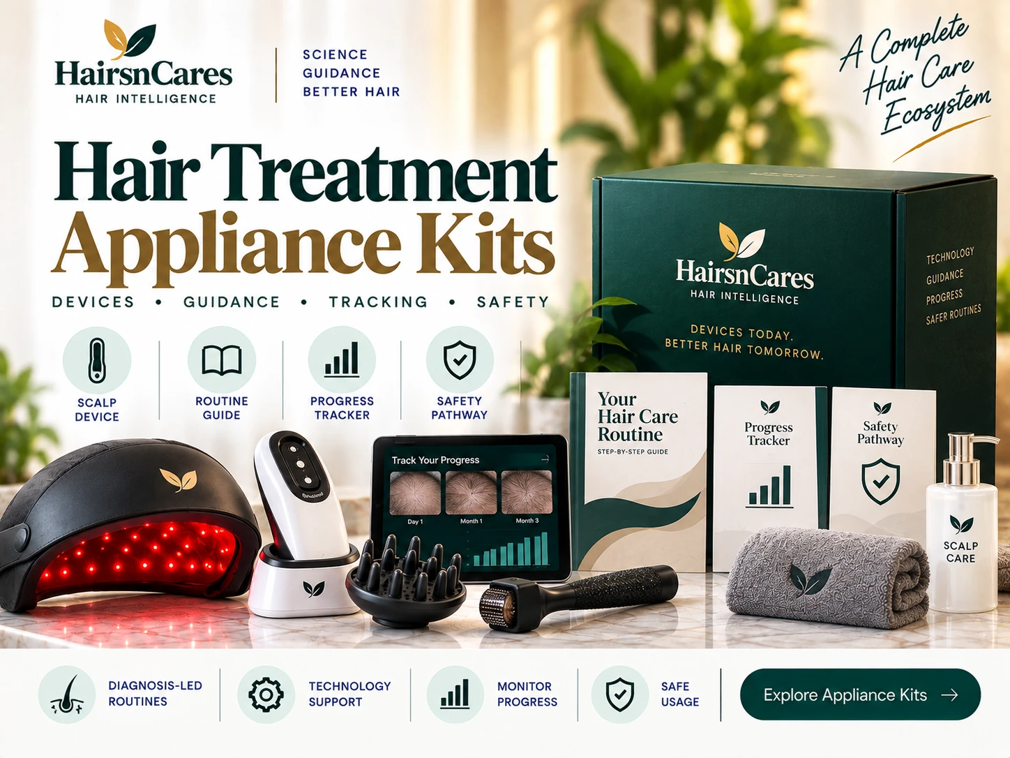 Hair treatment appliance kit with scalp device routine guide progress tracker and safety pathway