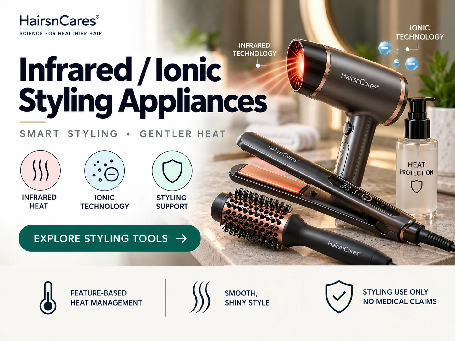 Infrared and ionic hair styling appliances including hair dryer straightener and thermal styling brush