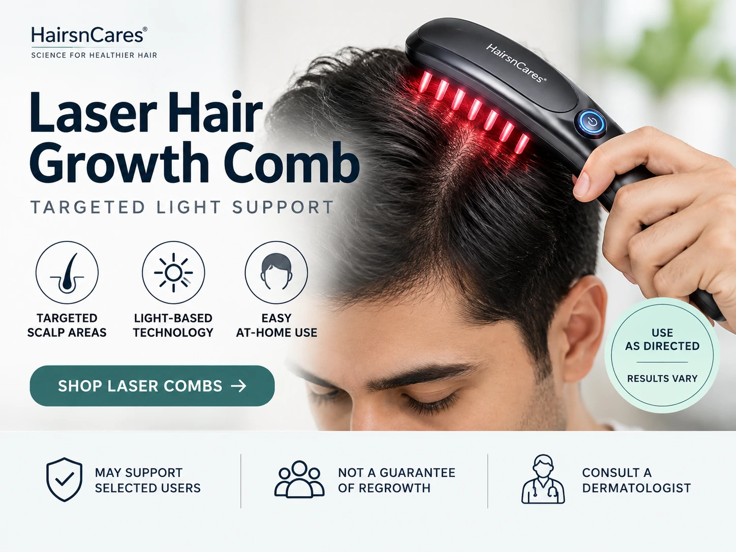 Laser hair growth comb using targeted light-based technology on the scalp for selected users