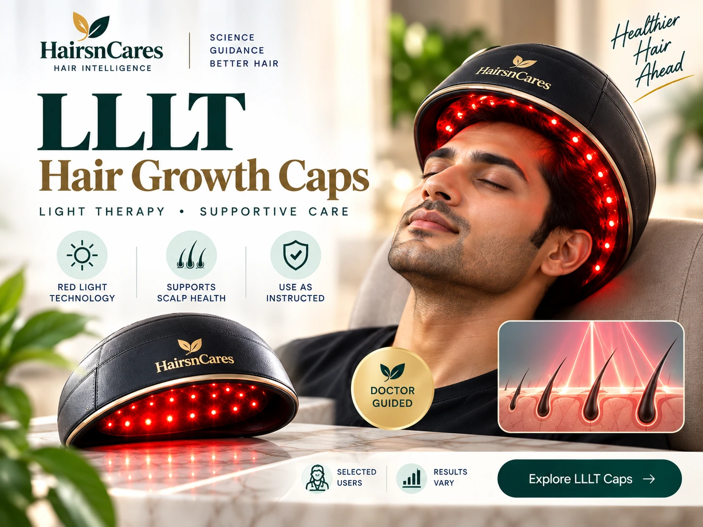 LLLT hair growth cap using low-level light therapy for selected hair loss support