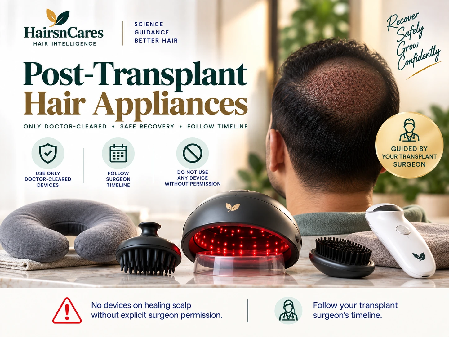 Post hair transplant appliance safety with doctor-cleared devices and surgeon-guided recovery timeline