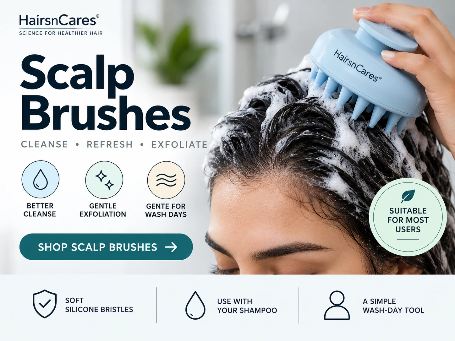 Silicone scalp brush for shampoo application cleansing support and gentle scalp exfoliation